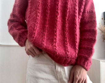 Handmade vtg pink fisherman wool blend sweater, xs - s - m, barbie sweater, warm women jumper, cable knit, geometric knit, cozy