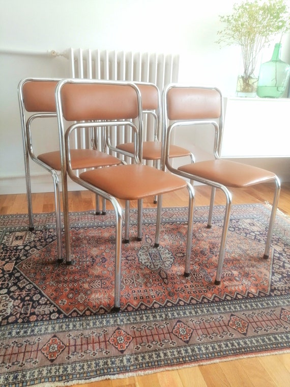 Set of 4 Metal Chairs in Faux Leather and Chrome Dining Etsy