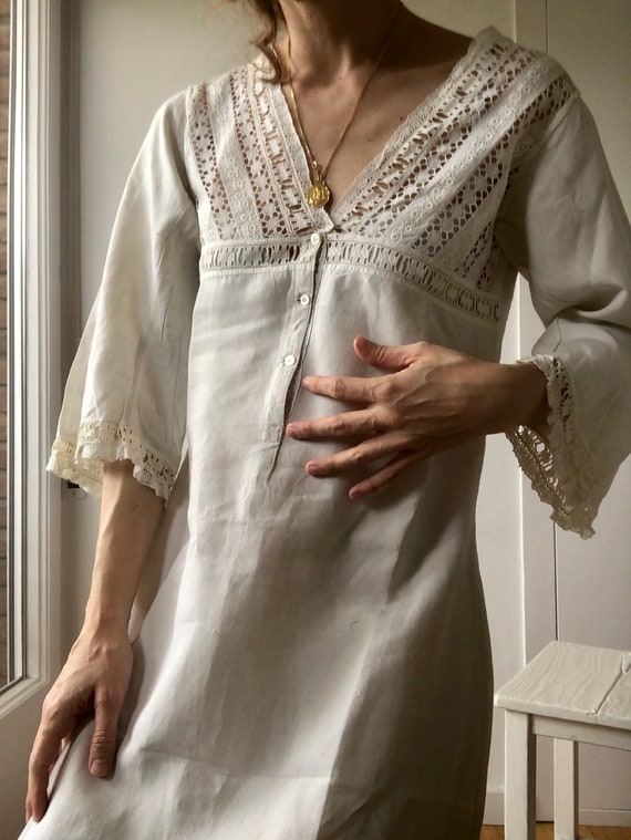 Vintage Antique French Linen Maxi Dress, button u… - image 2