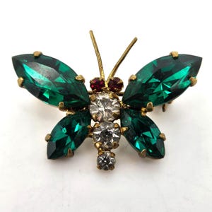 Vint 1950s Austria Brooch Pin Butterfly Green Crystal Rhinestones Red Eyes Gold