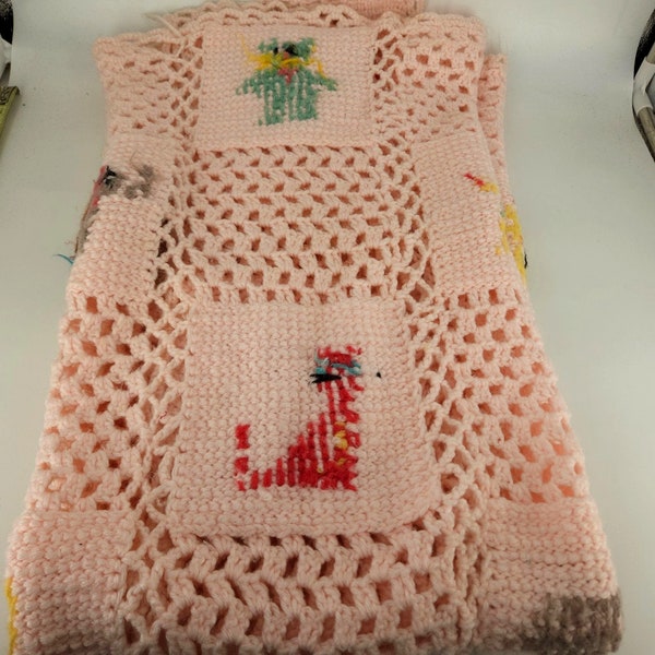 Crocheted Afghan Blanket Baby Infant Homemade Pink Girl Animal Squares 54" x 44"