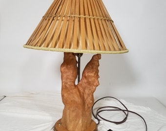 Vintage Cypress Wood Table Lamp Light Drift Brown Bamboo Shade Decor 18&quot; WORKS