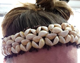 Shell Headband Hair Hoop Crown Lei Mini Cowrie Sea Seed Bead Puka Long 20" White