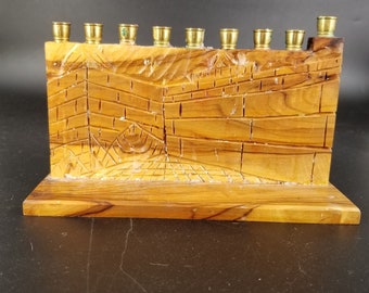 Jewish Menorah Wooden Hand Carved Wailing Wall Candle Holder Jerusalem Judaica