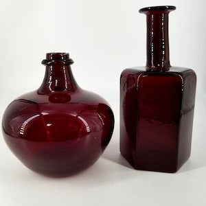 Hand Blown Glass Vase Red Ruby Studio Art Heavy Bud Vase Jug Pair Biomorphic MCM