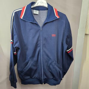 Men Track Jacket MacGregor L Blue Red Full Zip USA Soccer Football Embroidered