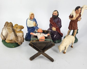 Vint Italy Nativity Figurines Set Chalkware 7pc Manger Camel Sheep Baby Cradle
