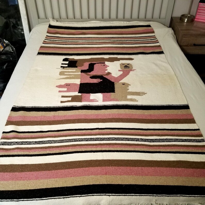 Vintage Mexican Hand Woven Mayan Aztec Wool Kilim Blanket Rug Pink ...