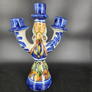 Vintage T. Ruth Talavera Pottery Candelabra 3 Arm Hand Painted Mexican Folk Art