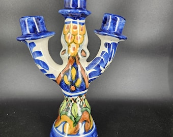 Vintage T. Ruth Talavera Pottery Candelabra 3 Arm Hand Painted Mexican Folk Art