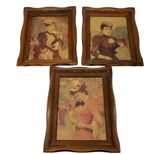 Vintage Frier Victorian Women Wooden Framed Print Set of 3 Signed Art 10&quot; x 8&quot;