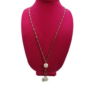Vintage Costume Jewelry Long Necklace Silver Plate White Cluster Bead 27&quot; Y Shaped
