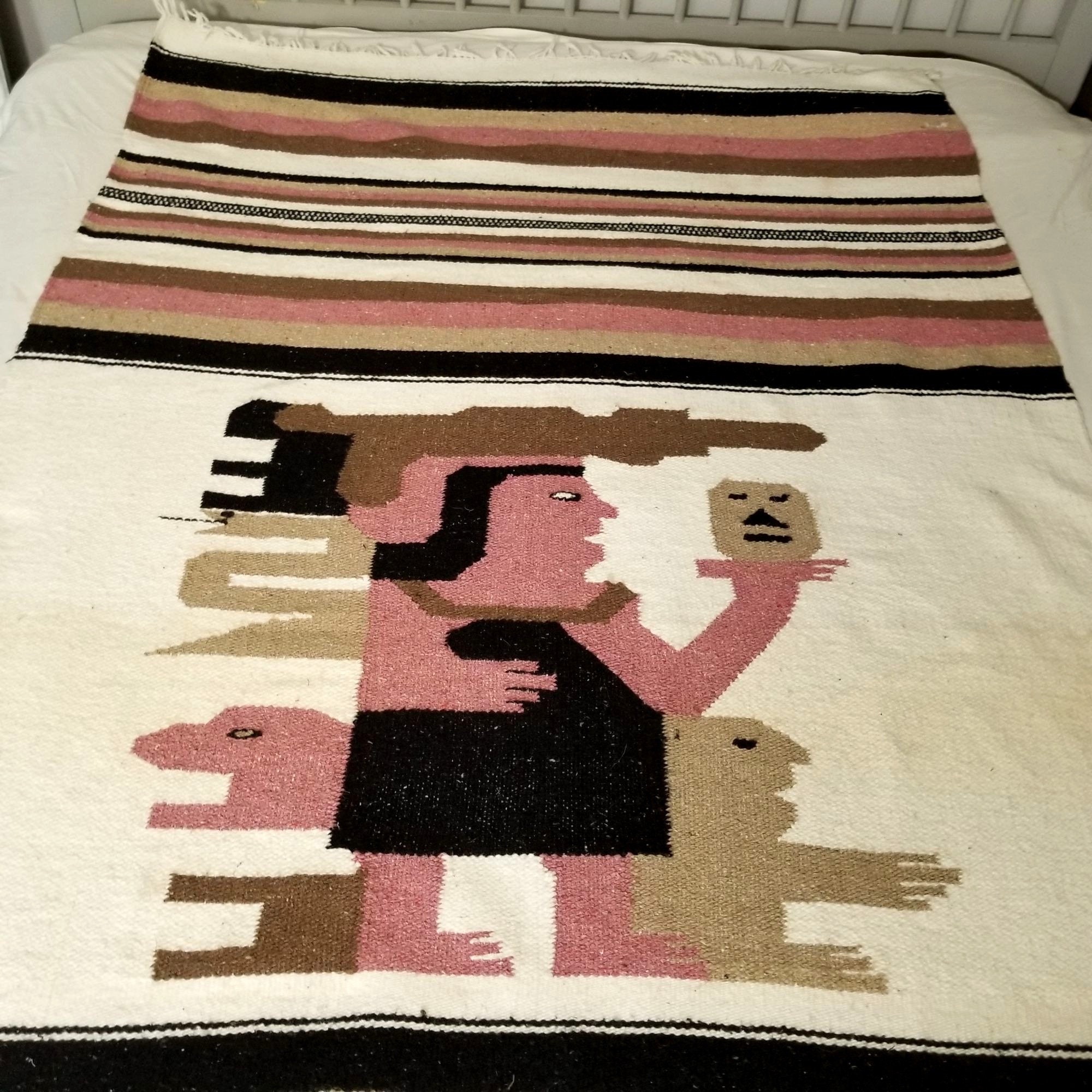 Vintage Mexican Hand Woven Mayan Aztec Wool Kilim Blanket Rug Pink ...