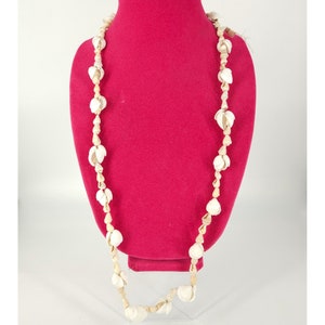 Può includere: Una collana di conchiglie bianche con una corda marrone. La collana è esposta su un manichino di velluto rosso.