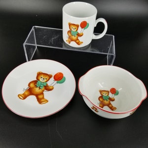 Vintage Reutter Child Kid Feeding Dish Set 3 Teddy Bears Red Porcelain Germany