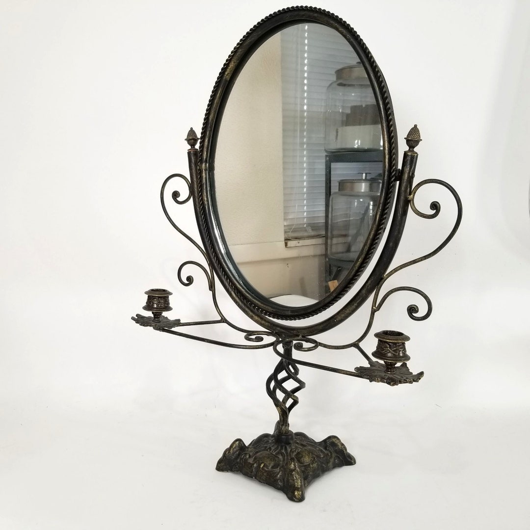 Black Metal Oval Mirror Candle Holder Stand Ornate Vintage Etsy