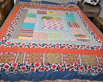 Crazy Rag Quilt Blanket Spread Throw Peach Orange Blue Square Handmade 95" x 78"