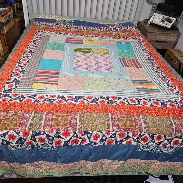 Crazy Rag Quilt Blanket Spread Throw Peach Orange Blue Square Handmade 95" x 78"