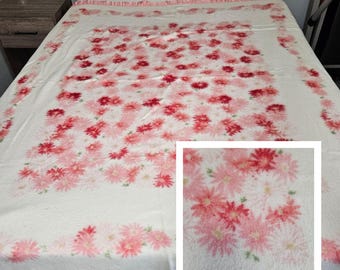 May include: A white throw blanket with a pink and red floral pattern. The blanket has a satin trim around the edges.