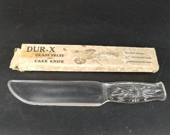 Dur-X Depression Glass Fruit Cake Bread Knife Clear Carved Flower Handle 9" w/Box