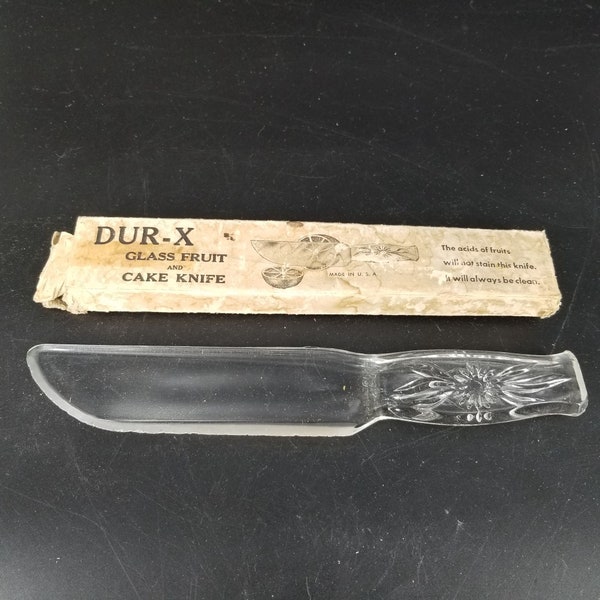 Dur-X Depression Glass Fruit Cake Bread Knife Clear Carved Flower Handle 9" w/Box