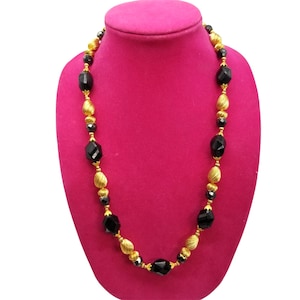 Vintage Black Chunky Bead Glass Necklace 27&quot; Costume Jewelry Gold Plate MCM Mod