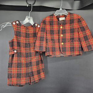 Vintage 2-delige jas romper peuter jongens 2T/3T rode geruite gouden knopen vakantie