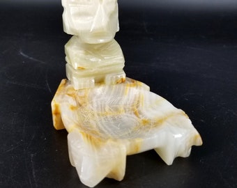 Tiki Maya Azteekse Kalender Asbak Figuur Gesneden Onyx Kwarts Marmer Schotel Vintage