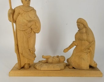 Wooden Nativity Scene Hand Carved Holy Family Farmhouse Rustic Folk Art Unsigned