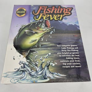 May include: A sealed box for the "Fishing Fever" video game. The cover art features a leaping fish with water splashing around it. The game title is in a stylized font. The box also mentions two complete games and helpful programs for fishing.