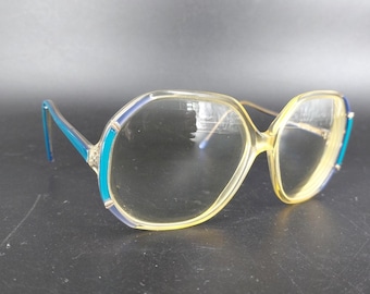 Vintage regenboogbril jaren 80 blauw gele oversized vlinder helder retro M23