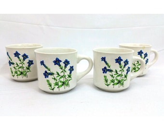 Themes Cup Mug Coffee Tea 4 White Blue Iris Floral Flowers Plant Ceramic Vintage