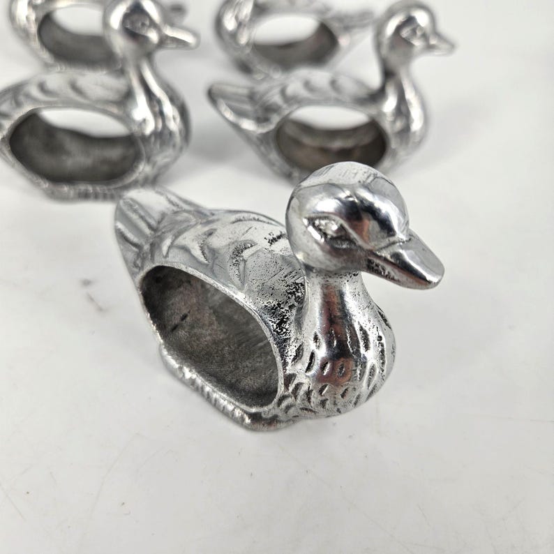Vintage Pewter Metal Silver Napkin Rings Duck Animal Bird Ornithology Set of 5