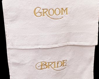 Wedding couple bride groom embroidered gold silver thread towel set