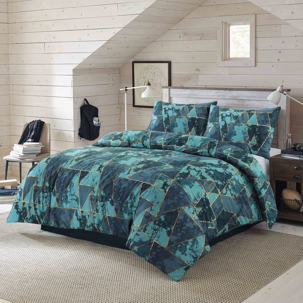 Green Gold Geometric Marble Effect Contemporary Duvet Cover & Pillowcase Bedding Set