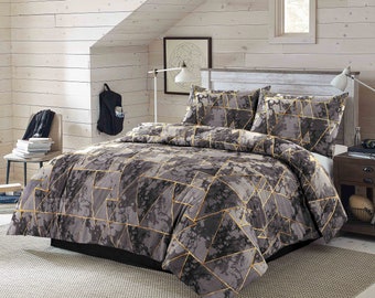 Grey Gold Geometric Marble Effect Contemporary Duvet Cover & Pillowcase Bedding Set