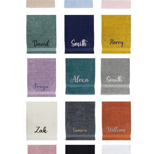 May include: A collection of 15 towels in various colors with names embroidered on them. The names include David, Leo, Molly, Smith, Harry, Freya, Alexa, Zak, Samira, William, Samura, Gavin, and Zobia.