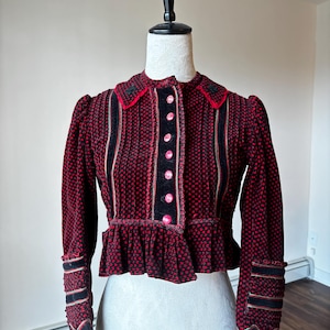 Vintage Romanian Handmade Womens Cropped Velveteen Peplum Folk Villager Jacket