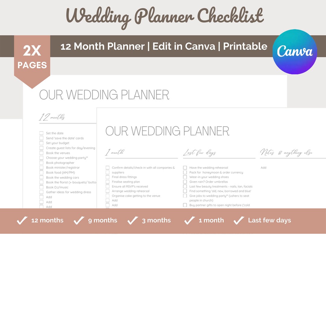 Printable Monthly Wedding Planner Wedding Timeline Template Editable Calendar Templates Wedding ...