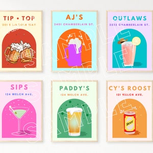 Juego de 6 carteles retro de Iowa State Bar, DESCARGA DIGITAL, juego de pared con galería de cócteles coloridos, decoración de pared de moda, impresiones de bar elegantes