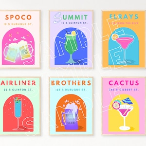 Retro Iowa City Bar Posters Set of 6, DIGITAL DOWNLOAD, Colorful Cocktail Gallery Wall Set, Trendy Wall Decor, Preppy Bar Prints