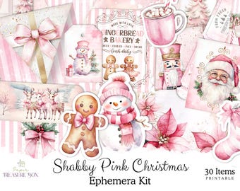 Pink Christmas Junk Journal | Shabby Chic Ephemera Kit | Christmas Scrapbooking | Christmas Ephemera