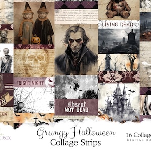May include: A digital collage sheet with 16 strips featuring spooky Halloween imagery. The strips include images of ghosts, skeletons, werewolves, a vampire, a haunted house, and more. The text "Grungy Halloween Collage Strips" is at the bottom of the image.