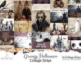Grungy Halloween Collage Strips, Printable Spooky Snippets For Junk Journals and Scrapbooks, Labels and Tags