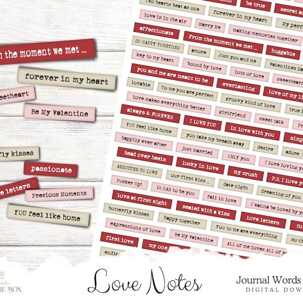 Valentine Ephemera, Junk Journal Words, Romantic Sayings, Printable Love Notes, Collage Sheet, Digital Download