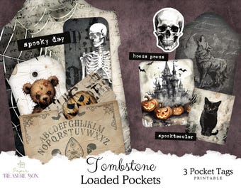Halloween Junk Journal Loaded Pocket Tags | Printable Ephemera Kit | Scrapbooking Ephemera | Tombstone Pockets | Digital Download