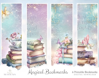 Cute Fantasy Bookmarks, Stacked Books Printable, Junk Journal Ephemera