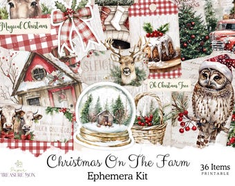 Farmhouse Christmas Junk Journal Ephemera, 36 Printable Rustic Christmas Junk Journal  Embellishments