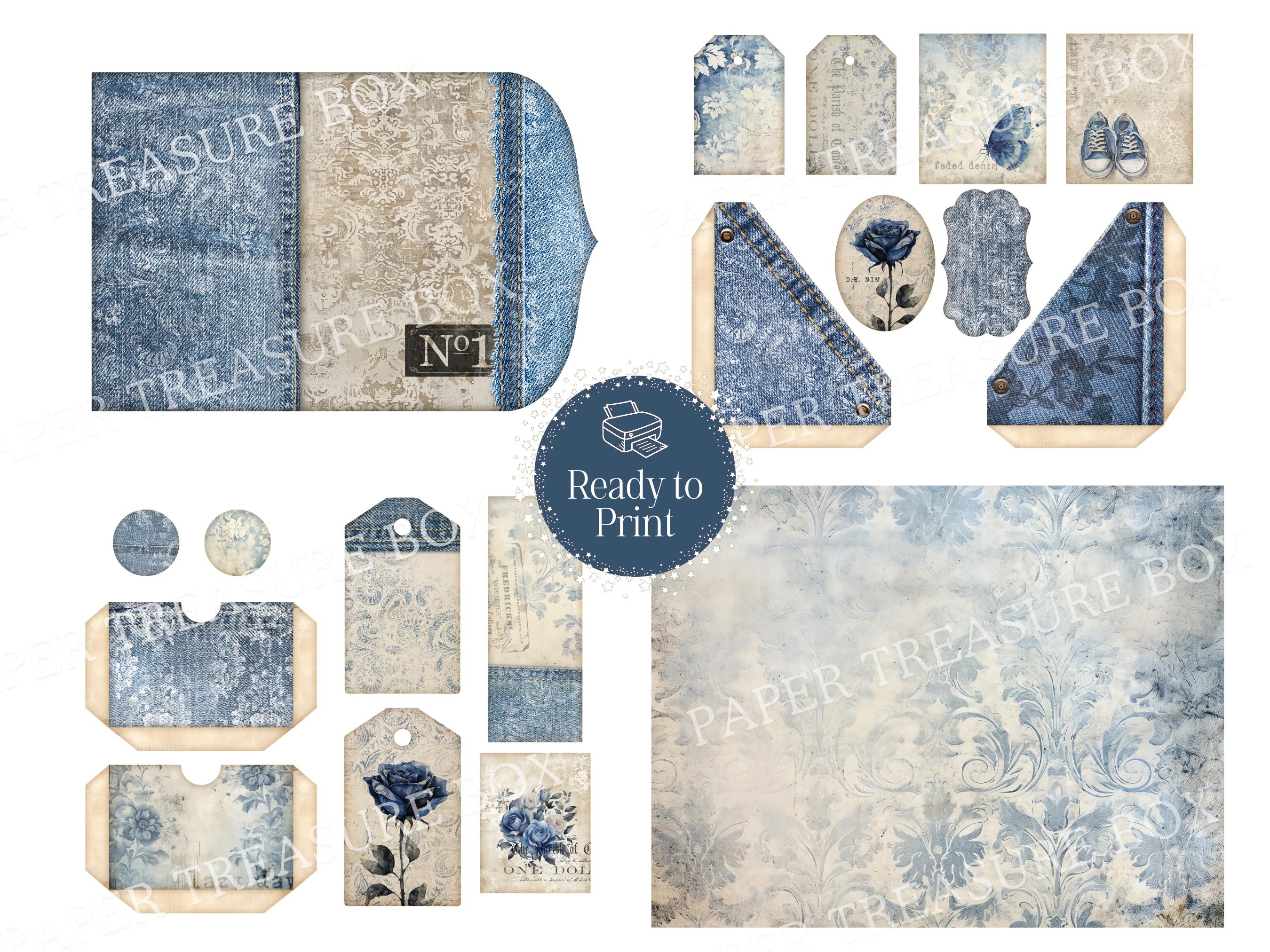 Vintage Denim Junk Journal Kit With 16 Unique Ephemera Pieces, Great ...