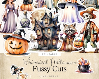 Whimsical Halloween Junk Journal Fussy Cuts | Halloween Ephemera | Watercolor Halloween Clipart for Junk Journals, Scrapbooking & Crafts